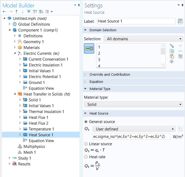 A screenshot of the Heat Source settings window in COMSOL Multiphysics, with the Domain Selection, Material Type, and Heat Source sections expanded.