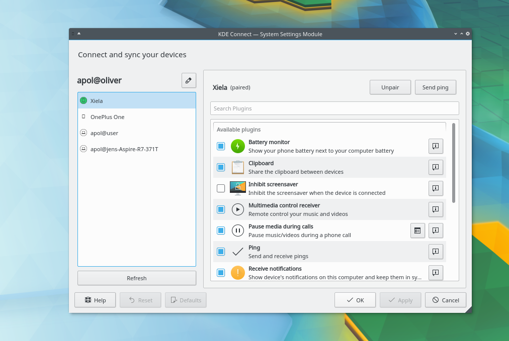 Screenshot of KDE Connect