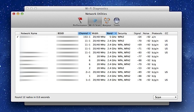 Wi-Fi Scanner in Mac OS X Mountain Lion