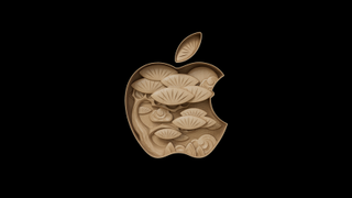 Apple wallpaper featuring the Apple logo with a woodcut pattern design