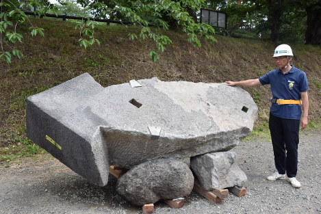 弘前城の天守台に組み込まれていたイカのような形をした石＝青森県弘前市内で２０１７年７月１９日、藤田晴雄撮影