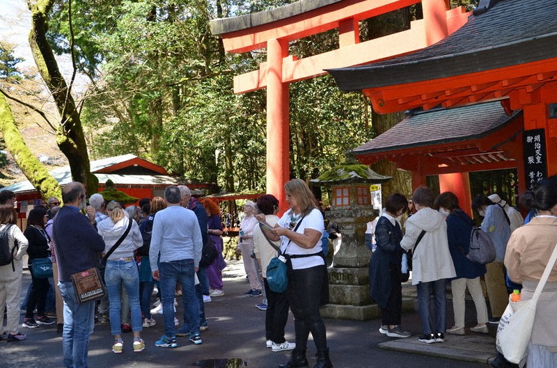 箱根神社を訪れる観光客ら＝神奈川県箱根町で2024年4月17日、本橋由紀撮影