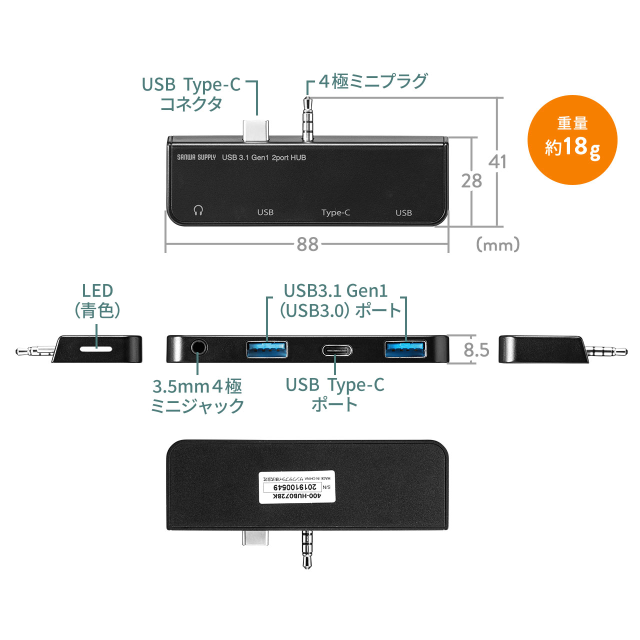 Surface Go 4/Go 3/Go 2/Gop USB3.1nu USB Type-C USB A|[g~2|[g USB3.1 Gen1 3.5mm4Ƀ~jWbN oXp[EubN 400-HUB072BK