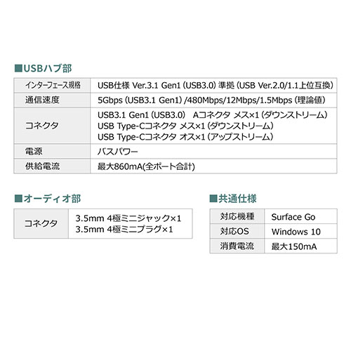 Surface Go 4/Go 3/Go 2/Gop USB3.1nu USB Type-C USB A|[g~2|[g USB3.1 Gen1 3.5mm4Ƀ~jWbN oXp[EubN 400-HUB072BK