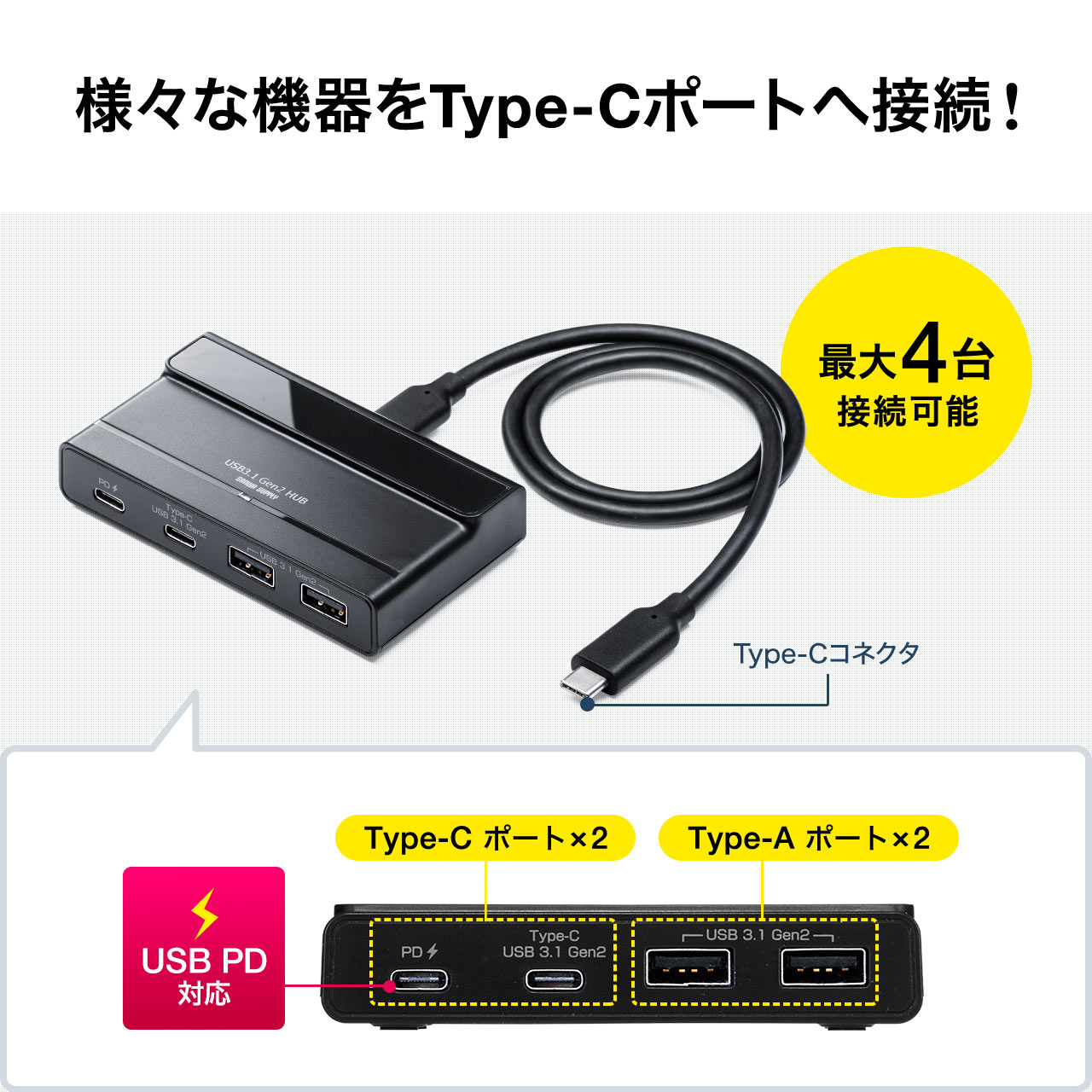 USB Type-Cnu USB3.1 Gen2 USB Type-C USB A 4|[g USB PDΉ Ztp[ ACA_v^t ubN 400-HUB075BK