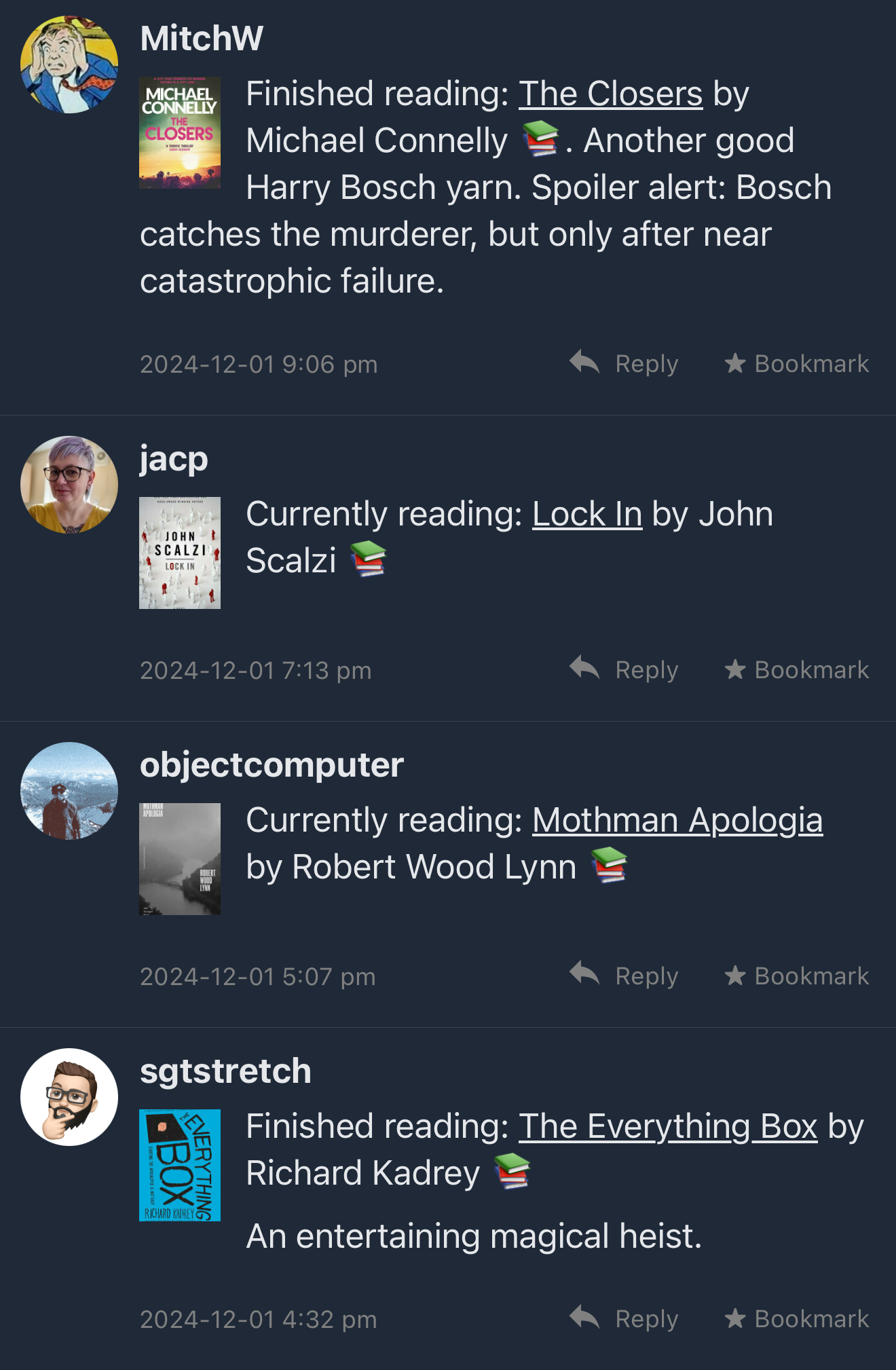 Screenshot of books in the timeline.