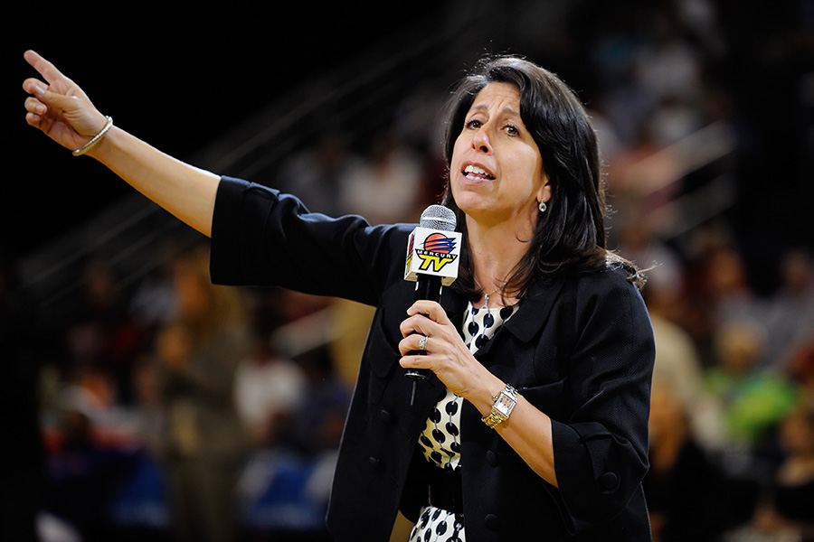 WNBA President Donna Orender addresses the crowd before the Phoenix Mercury vs Washington Mystics game in Phoenix, AZ on August 21, 2009. Photo by Max Simbron