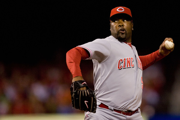 ST. LOUIS - SEPTEMBER 3: Reliever Arthur Rhodes #56 of the Cincinnati Reds pitches against the St. Louis Cardinals at Busch Stadium on September 3 2010 in St. Louis Missouri.  The Cardinals beat the Reds 3-2.  (Photo by Dilip Vishwanat/Getty Images)