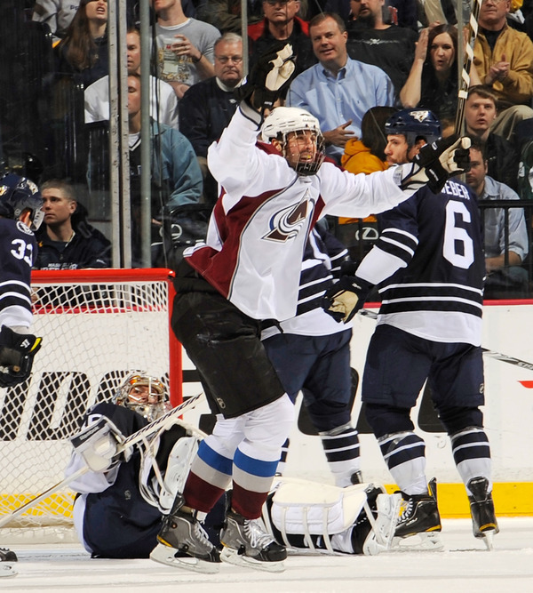 NASHVILLE, TN - MARCH 12:   Ryan O'Byrne #3 of the Colorado Avalanche celebrates after a goal against the Nashville Predators on March 12, 2011 at the Bridgestone Arena in Nashville, Tennessee.  (Photo by Frederick Breedon/Getty Images)