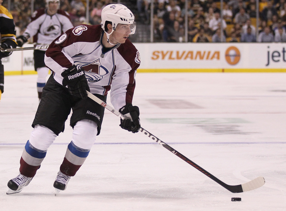 BOSTON, MA - OCTOBER 10:  Matt Duchene #9 of the Colorado Avalanche heads for the net in the second period against the Boston Bruins on October 10, 2011 at TD Garden in Boston, Massachusetts.  (Photo by Elsa/Getty Images)