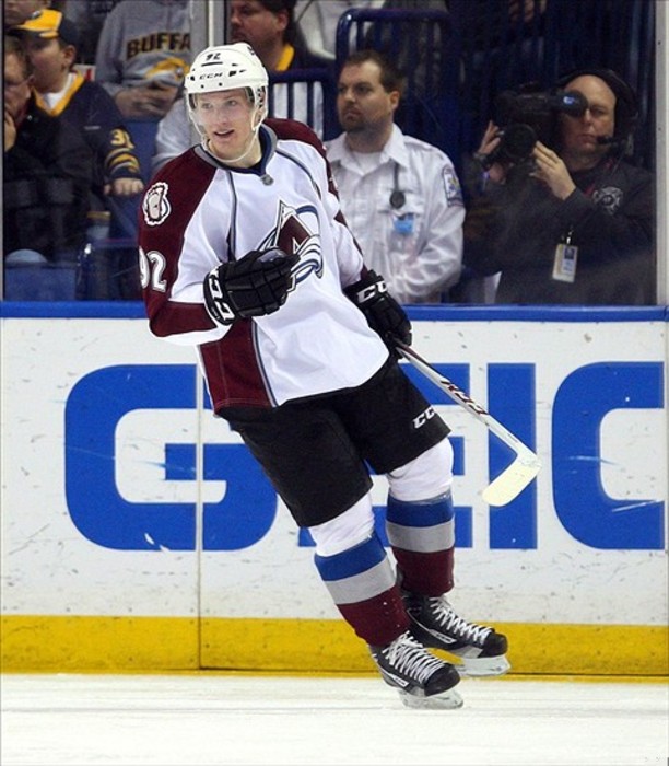 Mar 14, 2012; Buffalo, NY, USA;  Colorado Avalanche left wing Gabriel Landeskog (92) celebrates a goal during the second period against the Buffalo Sabres at the First Niagara Center.  Mandatory Credit: Timothy T. Ludwig-US PRESSWIRE