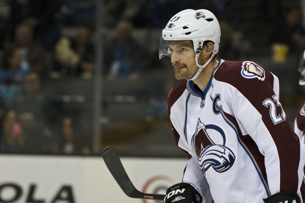 Mar 26, 2012; San Jose, CA, USA; Colorado Avalanche right wing Milan Hejduk (23) before a face off against the San Jose Sharks during the second period at HP Pavilion. San Jose defeated Colorado 5-1. Mandatory Credit: Jason O. Watson-US PRESSWIRE