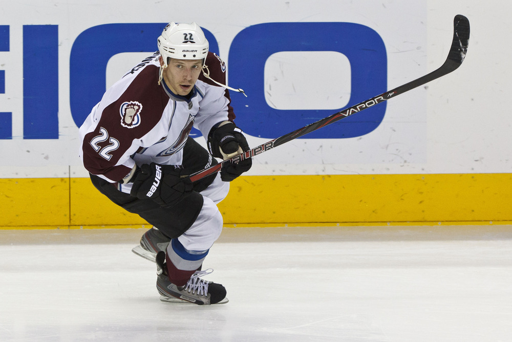 Mar 26, 2012; San Jose, CA, USA; Colorado Avalanche defenseman Matt Hunwick (22) warms up before the game against the San Jose Sharks  at HP Pavilion. San Jose defeated Colorado 5-1. Mandatory Credit: Jason O. Watson-US PRESSWIRE