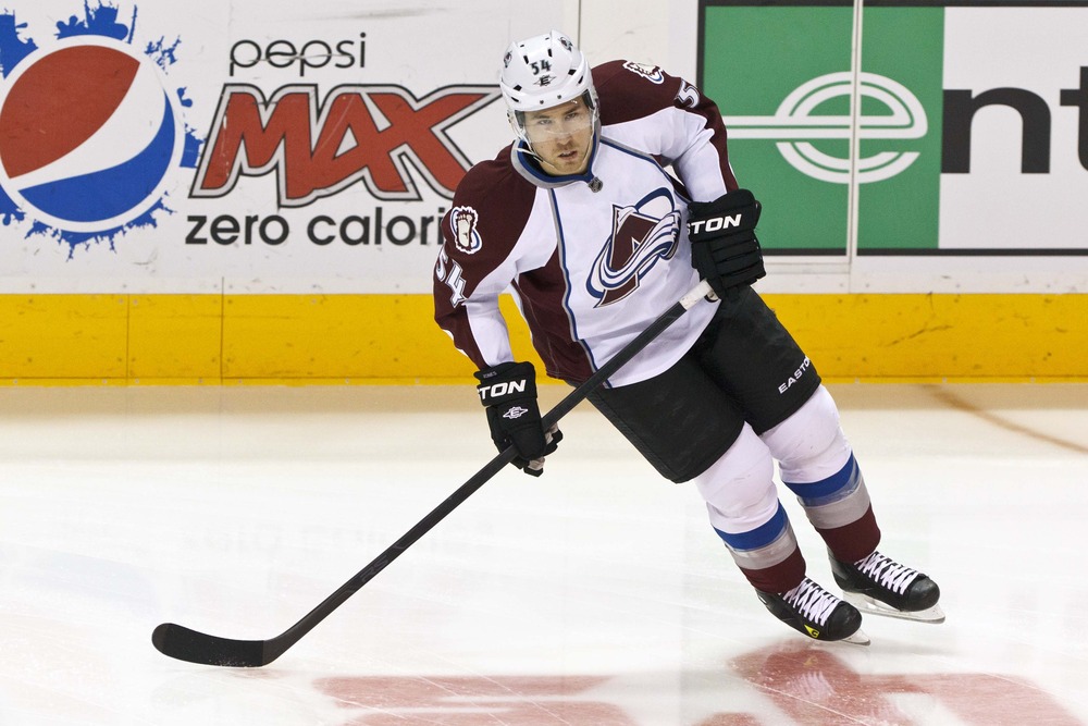 Mar 26, 2012; San Jose, CA, USA; Colorado Avalanche right wing David Jones (54) warms up before the game against the San Jose Sharks  at HP Pavilion. San Jose defeated Colorado 5-1. Mandatory Credit: Jason O. Watson-US PRESSWIRE