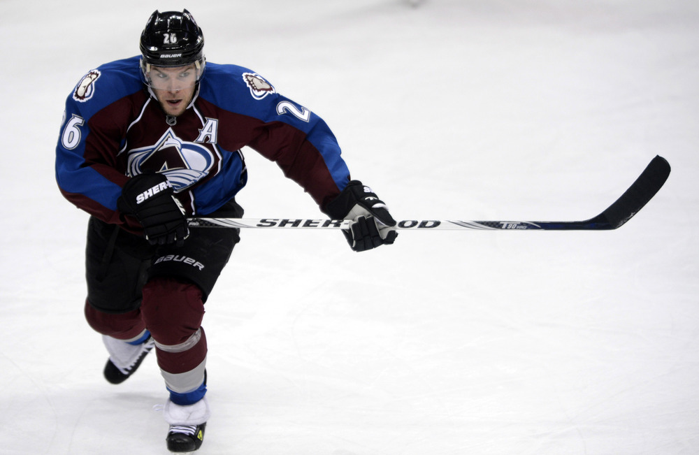 April 7 2012; Denver, CO, USA; Colorado Avalanche center Paul Stastny (26) skates during the first period of the game against the Nashville Predators at the Pepsi Center. Mandatory Credit: Ron Chenoy-US PRESSWIRE