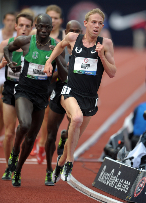 Jun 28, 2012; Eugene, OR, USA; Galen Rupp wins the 5,000m in a meet record 13:22.67 during the 2012 U.S. Olympic Team Trials at Hayward Field. Mandatory Credit: Kirby Lee/Image of Sport-US PRESSWIRE