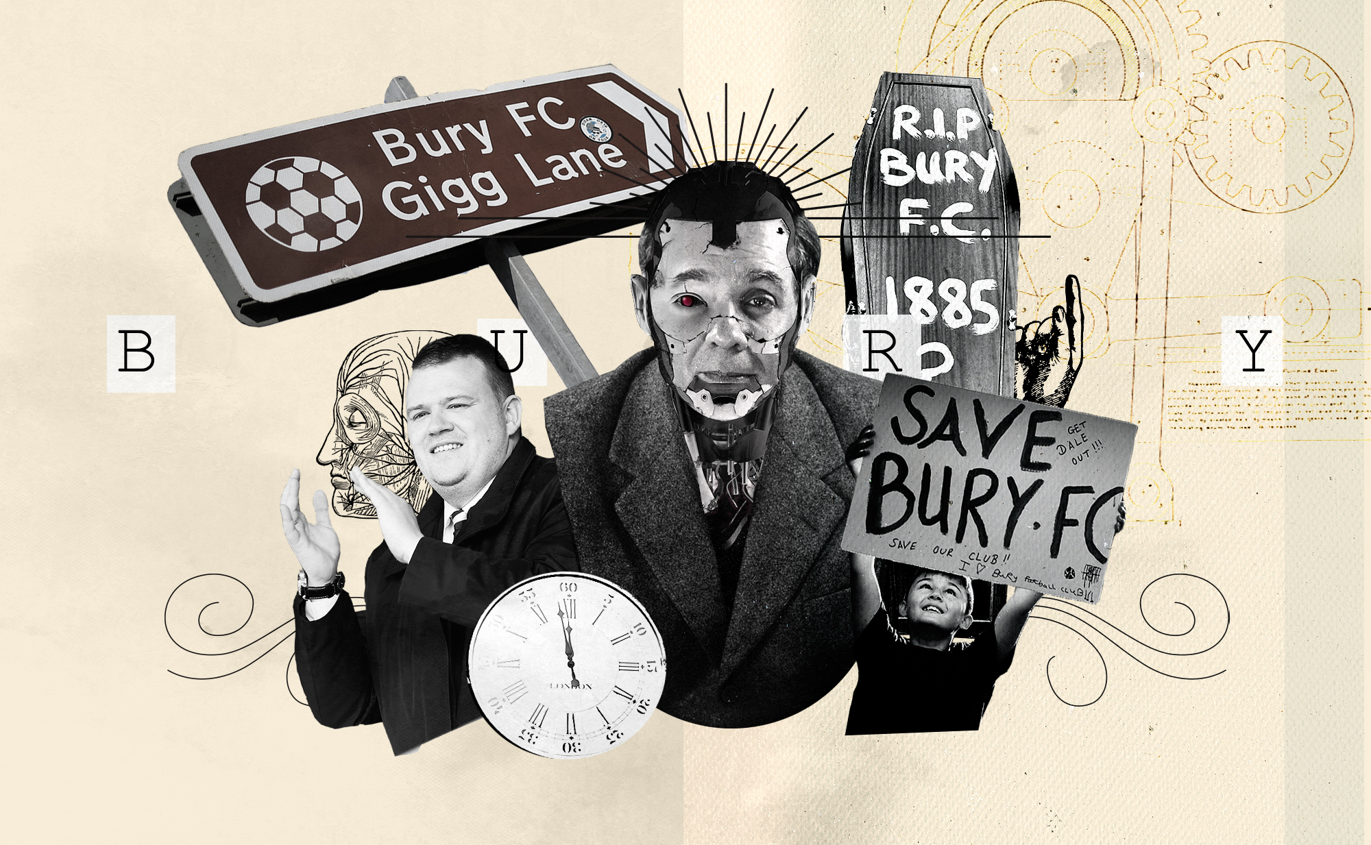 Collage of various elements in an avant-garde style. A child holding a “Save Bury FC sign” and a coffin with  RIP Bury FC” painted on it are some of them. 