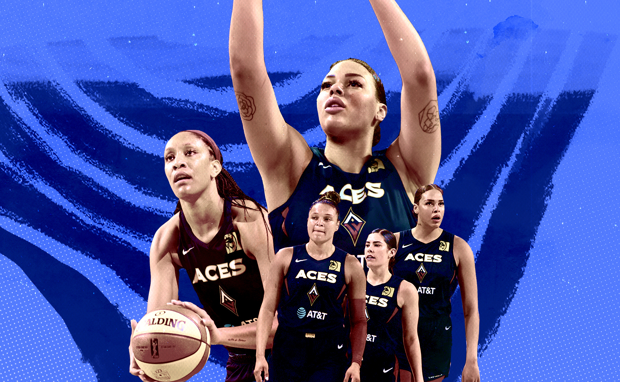 A collage of Las Vegas Aces players: A’ja Wilson, Kayla McBride, Kelsey Plum, and Liz Cambage in front row; Liz Cambage in background.