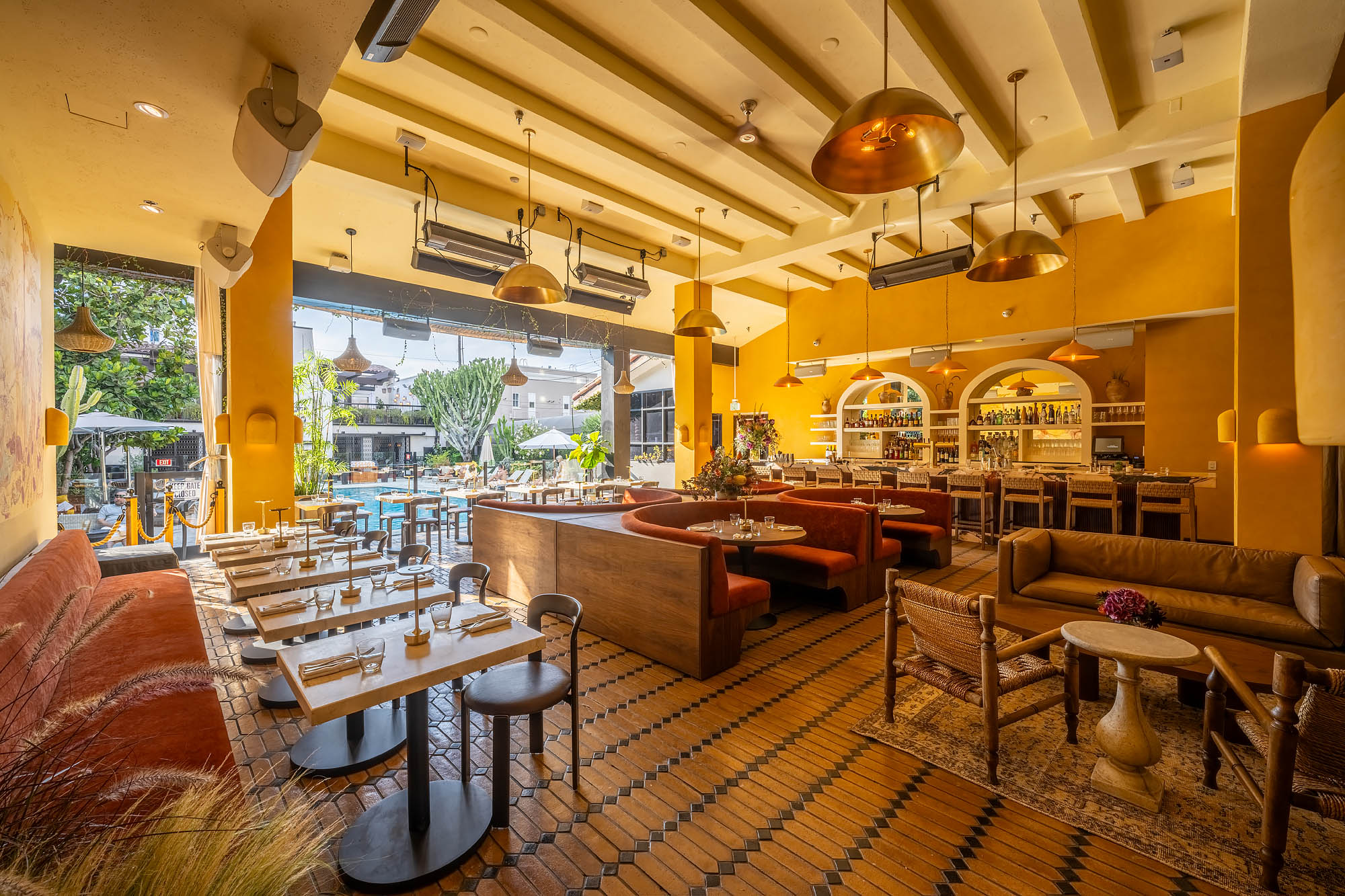 The dining room at Deme inside the Hotel Figueroa - The Unbound Collection by Hyatt in Downtown Los Angeles, California.