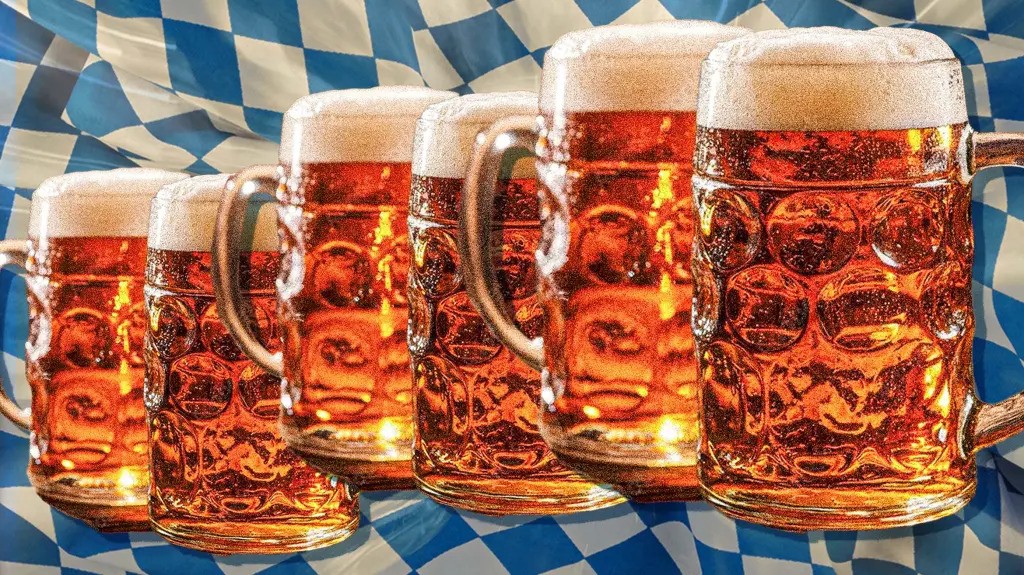 Steins of beer against a blue checkered backdrop.