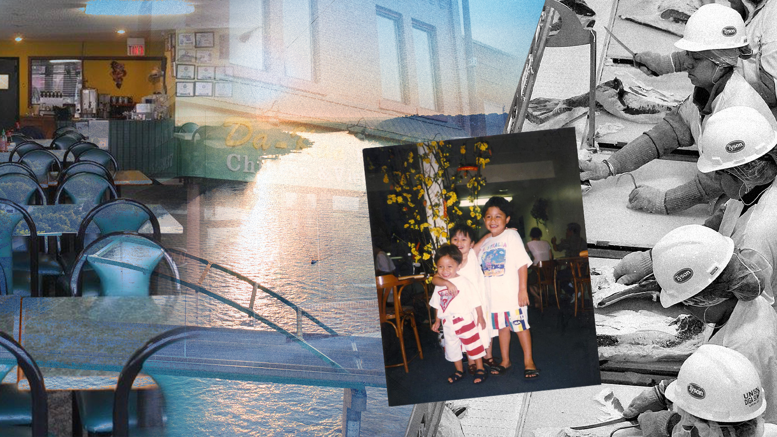 Three kids in an old photograph, collaged with an image of workers at a Tyson Foods plant, a restaurant interior, and building exteriors.