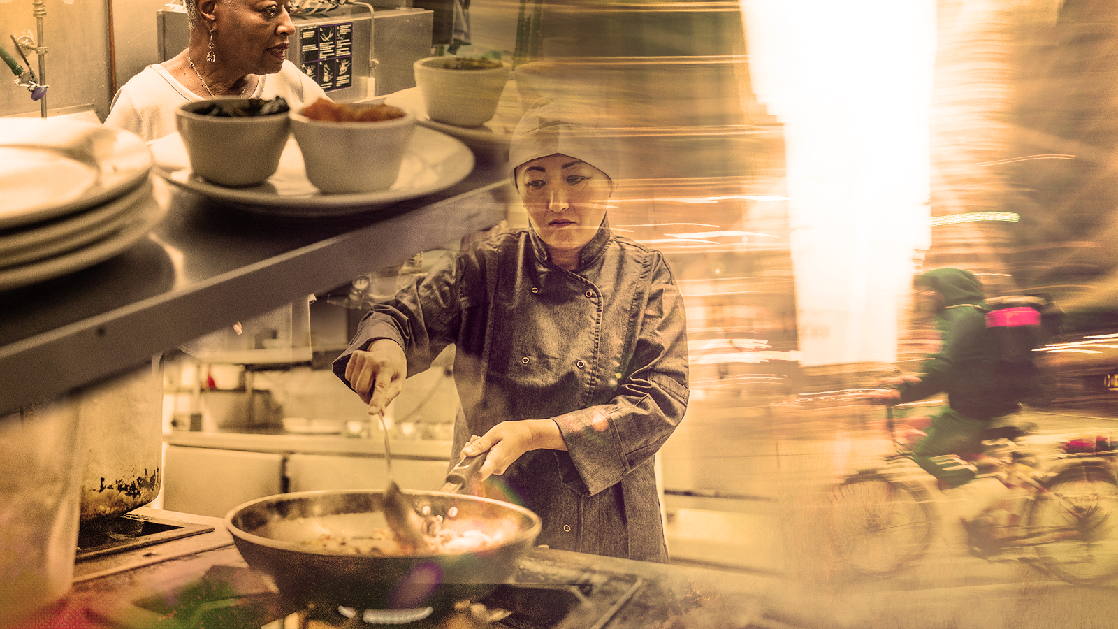 A photo-collage depicts three types of restaurant workers struggling in the heat in their respective work environments: A woman works in a kitchen as she places dishes for waiters to retrieve; a woman cooks in a wok atop a roaring flame; and a person rides a bicycle through a busy downtown intersection as the blazing sun beats down on them.