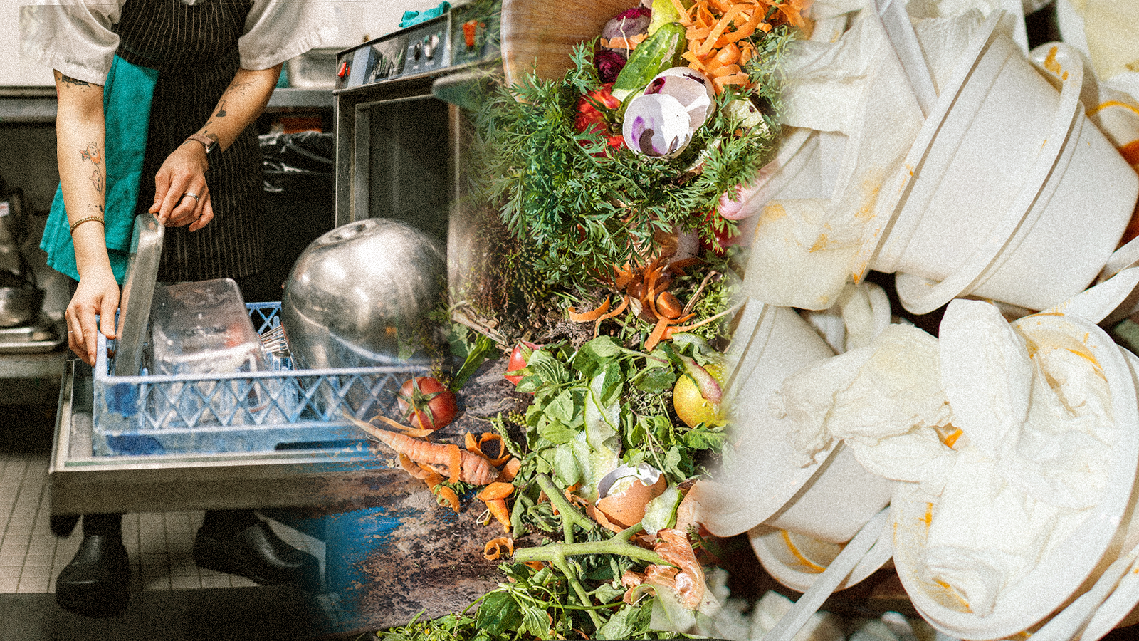 A photo collage shows a restaurant worker loading a dishwasher, a mound of vegetable and organic restaurant waste, and single-use plastic containers and takeout boxes in the trash.