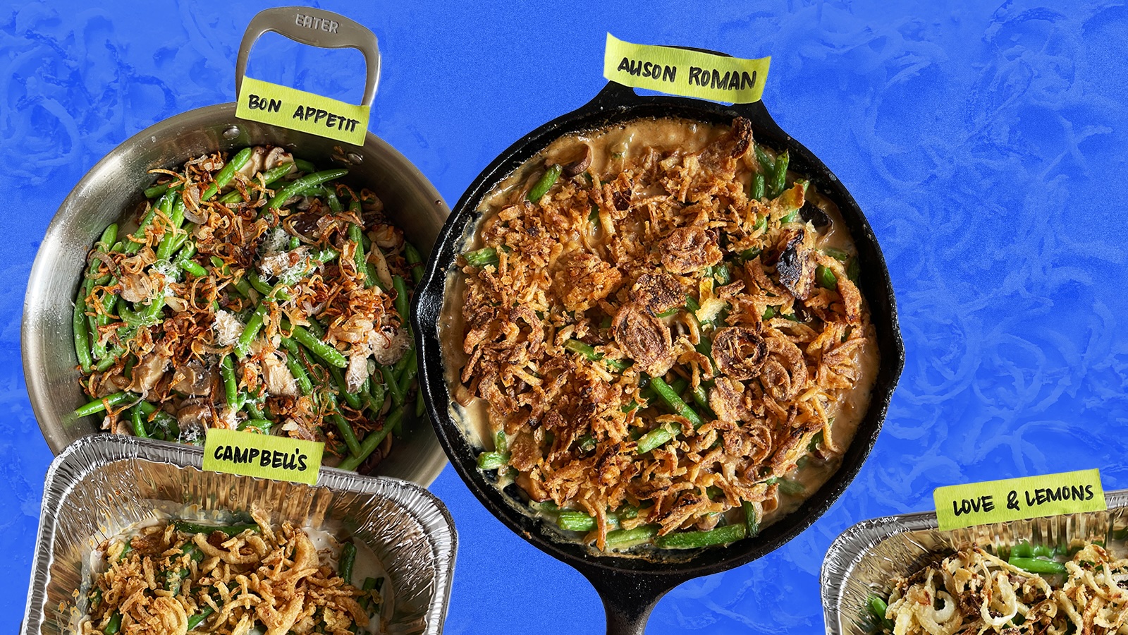 green bean casseroles from bon appetit, campbell’s, alison roman, and love and lemons. photo illustration.