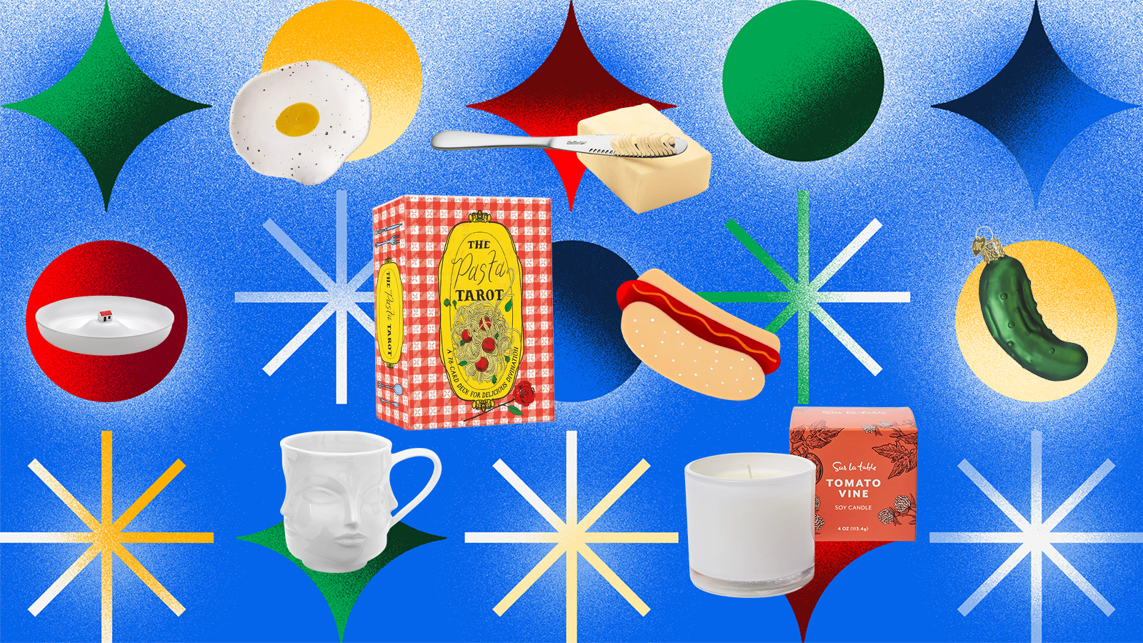 small gifts like a hot dog pin and a candle on a colorful background.