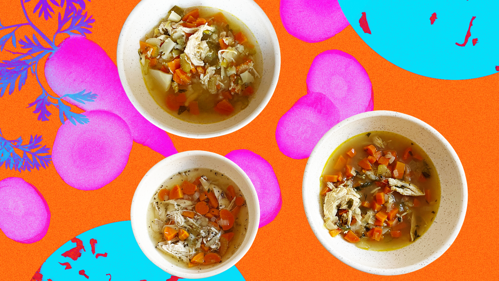 three bowls of chicken soup against a colorful backdrop. photo illustration.