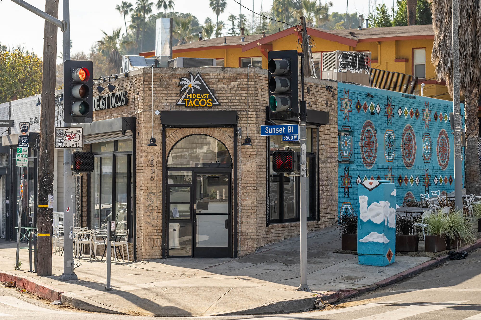 The facade with a mural for MidEast Tacos restaurant in Silver Lake, California.