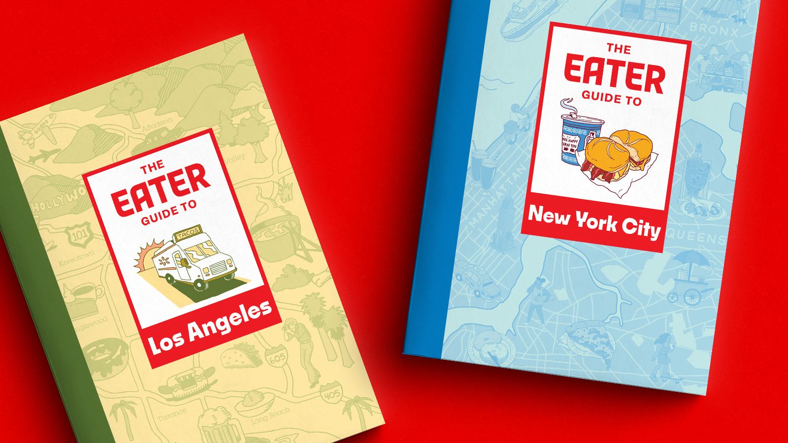 Colorful food guide books by Eater LA and New York with a red background.