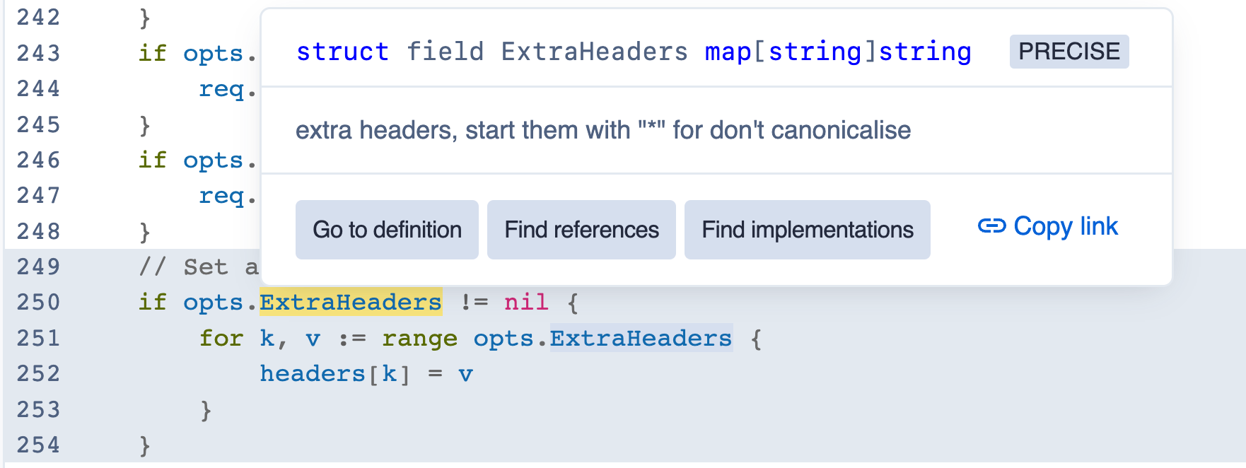 Hover information in Sourcegraph for the rclone project