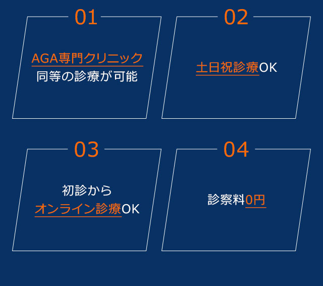 AGA専門クリニック同等の診療が可能 土日祝診療OK 初診からオンライン診療OK 診察料0円