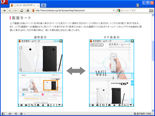 図1　ニンテンドーDSiブラウザ：特徴「画面モード」（http://www.nintendo.co.jp/ds/dsiware/hngj/feature.html）