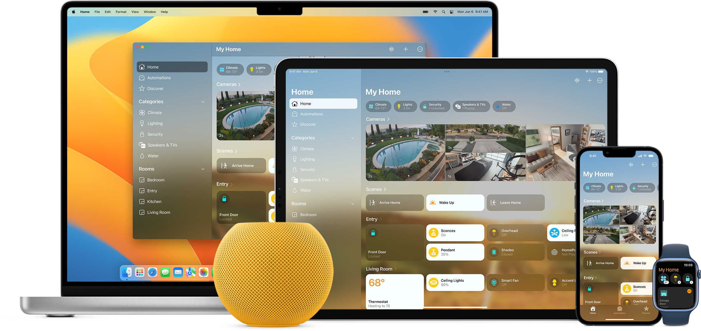 An Apple Homepod along side a MacBook Pro, iPad, iPhone, and Apple Watch, eatch displaying a different HomeKit feature.