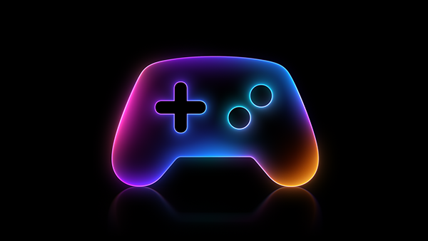 An icon of a game controller with glowing orange, purple, and blue edges, set against a black background. 