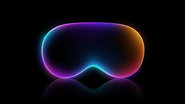 An icon showing an Apple Vision Pro with glowing orange, purple, and blue edges, set against a black background. 