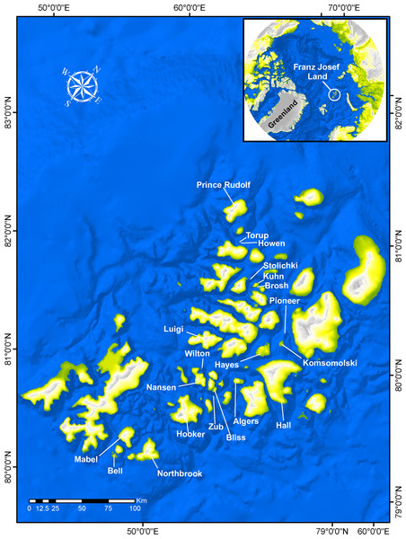 Franz Joseph Land with names of islands where collections were conducted during the expedition.