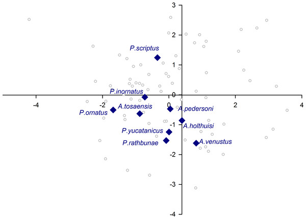 Morphological variation demonstrated by the DFA scores (first and second root only) of Actiniaria associates.