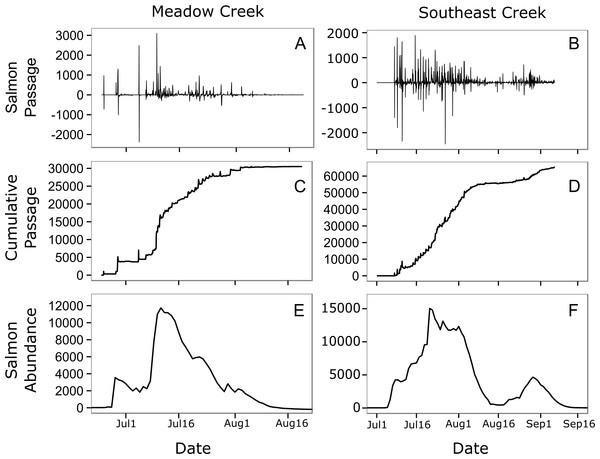 Estimated salmon passage, escapement, and in-stream abundance.