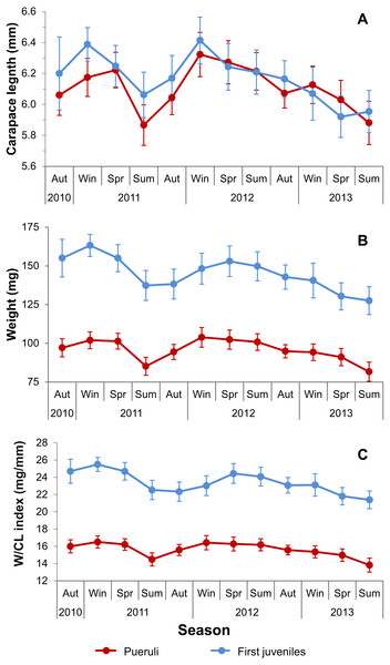 Seasonal variation in size, weight, and condition factor (W/CL index).