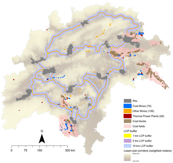 The location of existing thermal power plants and mines and potential mining areas represented by coal blocks and fields in relation to the least-cost paths in the landscape.