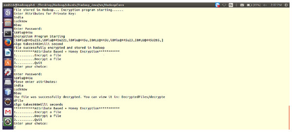 Working of the proposed ABHE encryption algorithm when attribute and password are entered for 64 MB file size (for both encryption and decryption).