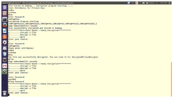 Working of proposed ABHE encryption algorithm when right and wrong password are entered for 64 MB file size.