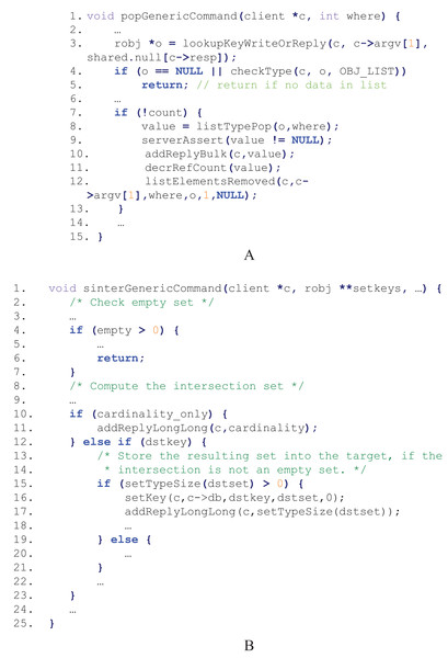 Code snippets for processing two commands in Redis.