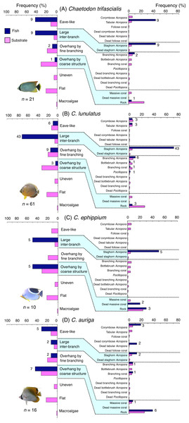 Relative frequency (%) of fish individuals associated with substrates and substrate availability for the four butterflyfish species.