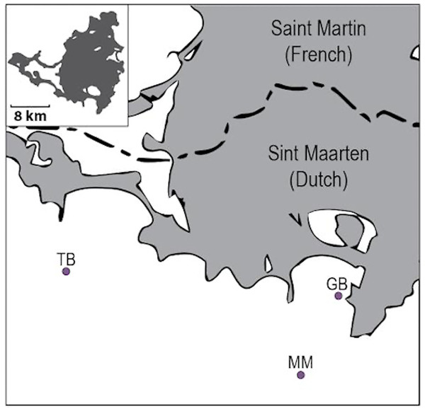 Map of Sint Maarten (Dutch section) showing the location of study sites.