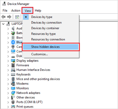 Device Manager window showing View menu options