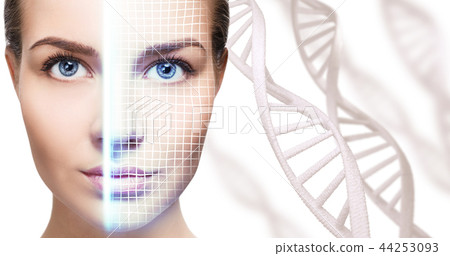 Technological scanning of face of young woman among DNA stems. 44253093